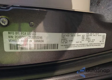 2020 Dodge Grand Caravan Sxt z USA, uszkodzony, nr VIN 2C4RDGCG2LR253246